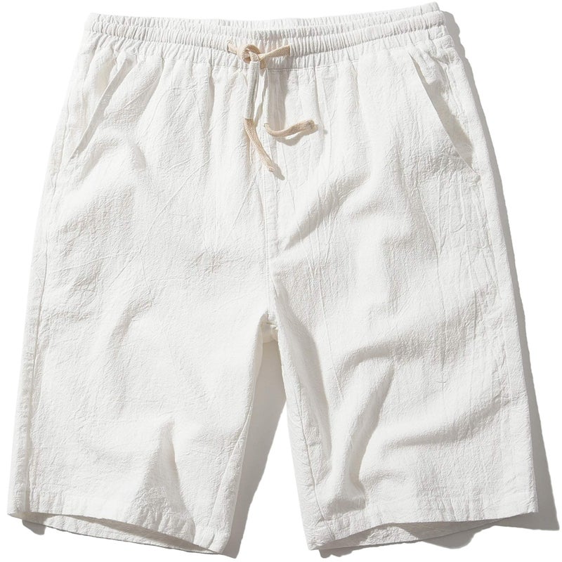 SIR7 Men's Linen Casual Classic Fit 11 Inch Inseam Elastic Waist Shorts with Drawstring White XX-Large - Image 1